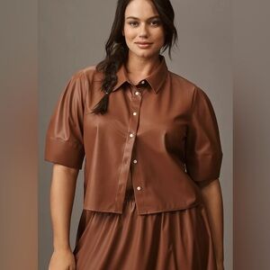 NWT Anthropologie Maeve 1X Plus Lantern-Sleeve Faux Leather Blouse Brown